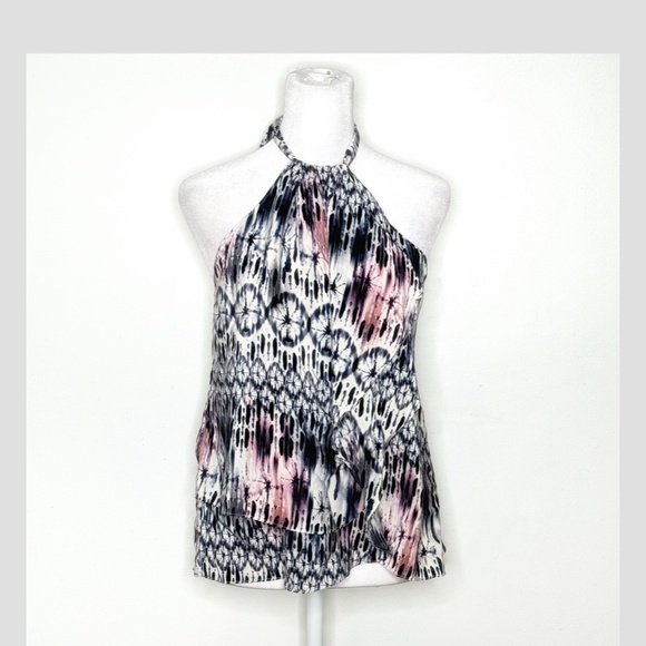 Amanda Uprichard Silk Top Halter Style Tie Neck Flyaway Styling Watercolor Print - Picture 10 of 12